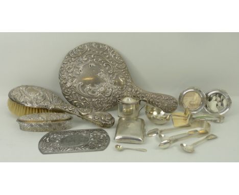 A quantity of silver, comprising a sugar sifting spoon, Sheffield 1939, cigarette case, Birmingham 1949, pair of George IV su