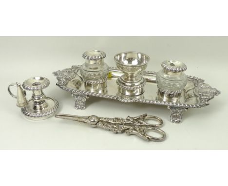A George III silver and cut glass desk set, the tray with double shell handles and a gadrooned rim, raised on four leaf scrol