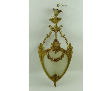 A 20th century French brass and engraved glass ceiling light of basket form cast with swags of flowers, 29 by 52cm high.