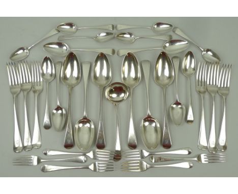 A quantity of George III and later silver Old English pattern flatware including four George III table spoons and four desser