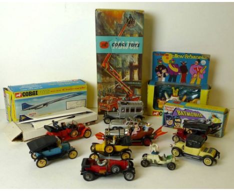 A group of Corgi toys including a Rocket Firing Batmobile no 267, boxed, Concorde no 650, boxed, Fire Engine no 1127, The Bea