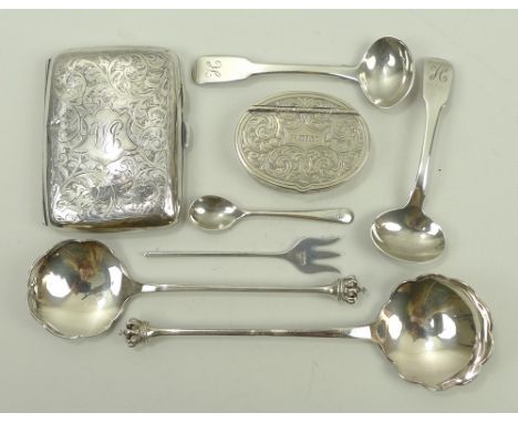 A pair of George IV silver salt spoons, initial engraved, James Brady, Dublin 1826, pair of Danish crown top spoons, Dansk Gu