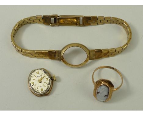 A 9ct gold Smiths lady's wristwatch, the dial with presentation inscription verso, together with a gold cameo ring, 16.6g. 
