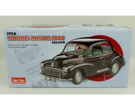 A Sun Star 1:12 scale model of a 1956 Morris Minor 100 Saloon, mint and boxed.