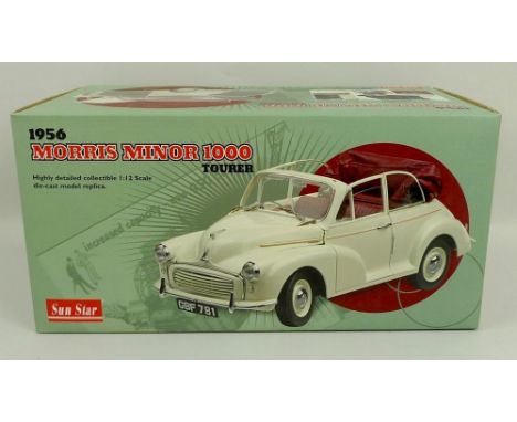 A Sun Star 1:12 scale model of a 1956 Morris Minor 1000 Tourer, mint and boxed.