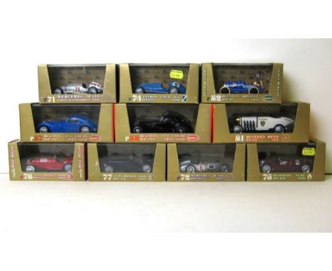 A quantity of Brumm scale models, comprising; two Bugattis 575 Coupe HP165 1934-36, Maserati HP350 1950, a Bugatti Brescia HP