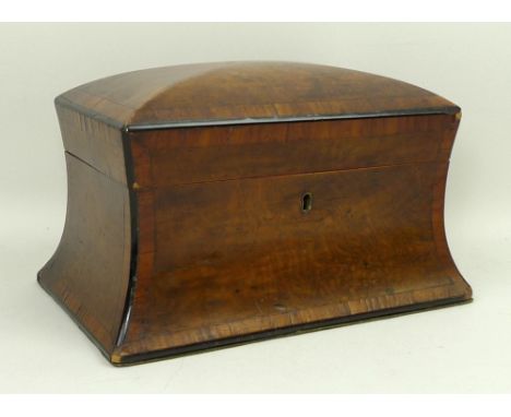 A Victorian burr walnut, satinwood cross banded and ebony line inlaid tea caddy of domed and waisted rectangular form, openin