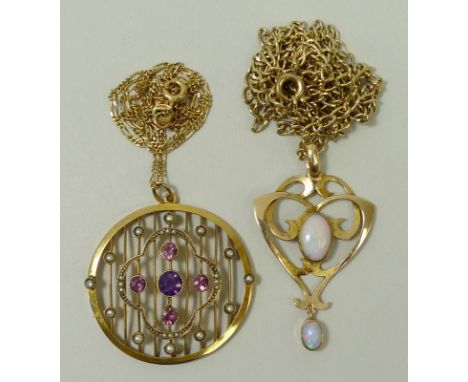 A 9ct gold, pink topaz, amethyst and seed pearl set circular openwork pendant on a 9ct gold fancy link neckchain, and an Art 