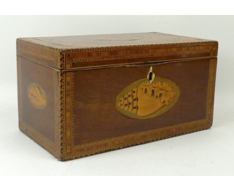 A George III mahogany twin division tea caddy with satinwood cross and herringbone banding, shell and paterae inlay, and boxw