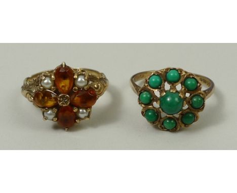 A 9ct gold and turquoise set flower head ring, size P, 3.2g, and a 9ct gold, seed pearl and mandarin citrine set flower head 