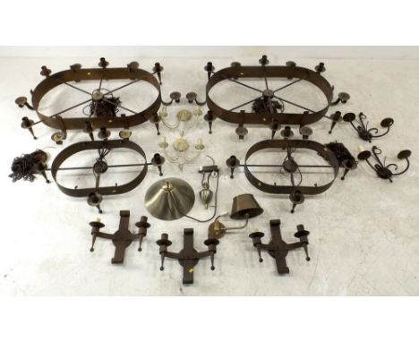 A collection of modern light fittings to include a pair of cast iron oval six branch ceiling lights, pair of matching four br