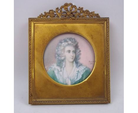 Manner of Andrew Plimer; portrait miniature of Mrs Harcourt, watercolour, bears signature and date for 1787, 7.5 by 7.5cm