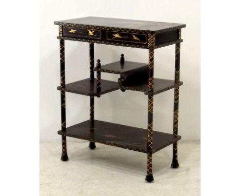 A late 19th century Japanese black lacquered and gilt decorated side table, the top depicting mount Fuji and five cranes in f