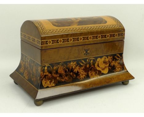A Victorian Tunbridgeware burr yew wood and rosewood twin division domed tea caddy decorated to the lid with Eridge Castle, t