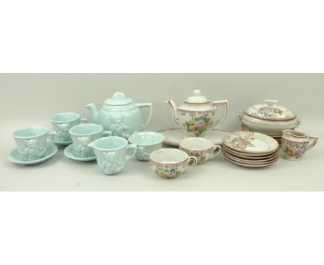 A children's porcelain part tea service, mid 20th century, comprising; tea pot, two cups, milk jug, tureen, oval platter, six