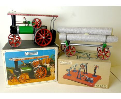 A Mamod Steam Tractor, boxed, with a lumber wagon, together with a Mamod Workshop WSI, in original box. (3)