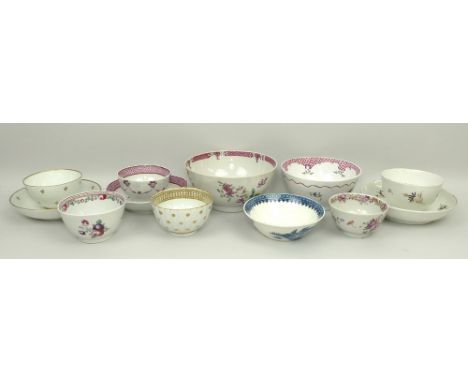 A group of 18th century and later porcelain tea wares including a New Hall tea bowl and saucer and a Caughley blue and white 