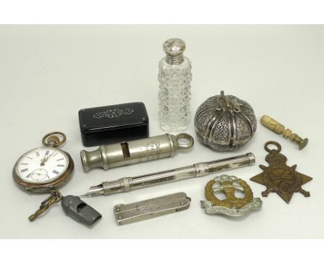 A French gentleman's white metal cased, keyless wind pocket watch, late 19th century, enamel dial bearing Roman numerals, sub