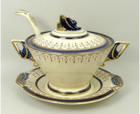 A Burleigh ware pottery part dinner service, circa 1930s, decorated with a brown dog tooth pattern within a cobalt blue borde