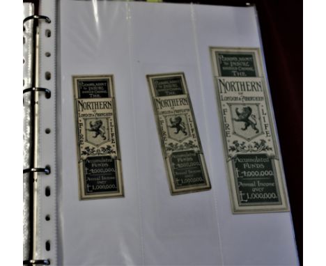 Book Mark Collection in an album (Slip in) a very fine clean lot - mostly Insurance Society issues-many vintage + good condit