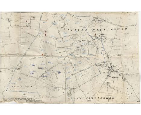 Great &amp; Little Massingham Ordnance Survey Map 'with field names' inserted by hand. Measurements 55cm x 36cm, tear on edge