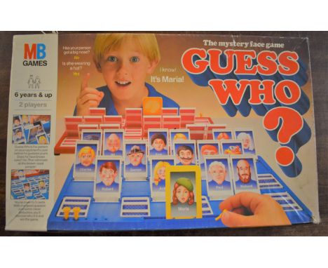 Game (MB Games)-'Guess Who?'-Complete-The Mystery Face Game'- 2 players- 6 years and up-play worn-box and cards -but other wi