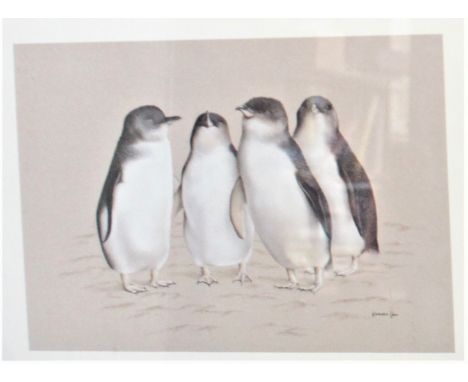 Four Little Penguins' - From the original pastel by Kathleen Cain, colour print artist signed. Measurement 48cm x 41cm. Excel