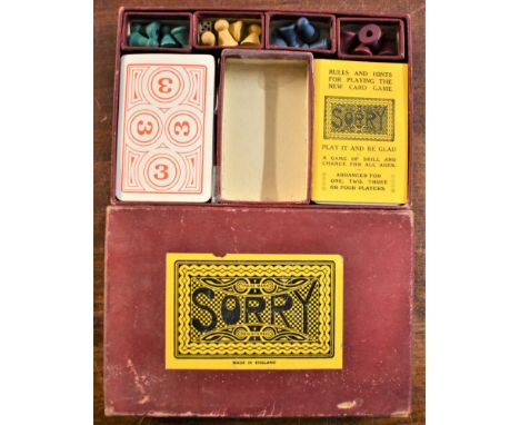 Game-'Sorry'-Vintage 'Sorry' card game-approx. 1930's includes pieces-rule book, cards-2-3-4 players box worn other wise very