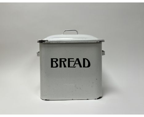 A large enamel 'Bread' bin with twin handles to side and loop handle to cover (w. 33cm x h. 35cm)