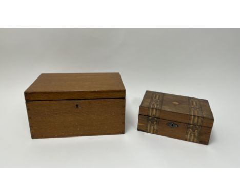 A Victorian marquetry inlaid box (w. 23cm), together with a wooden chest-style box with hinged top (l.31cm), a Gant leather g