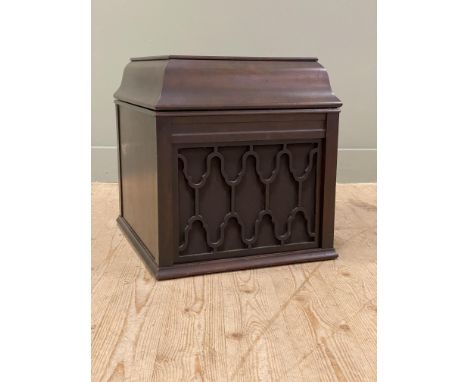 An early 20th century Thomas A Edison diamond disc phonograph in mahogany case with fretwork detail to front: h.x 48cm l.x 36