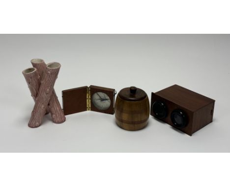 A collection of decorative wares comprising, a wooden case pocket compass (crack to glass), a Ryecraft Woodware tobacco barre