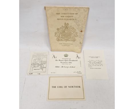 Collection of Queen Elizabeth II coronation ceremony related items, to include programme, ticket addressed to the Earl of Nor