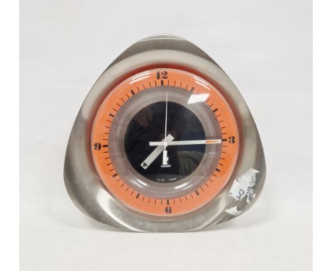 Mid century wall clock&nbsp;of rounded triangular form with orange and black chapter ring, labelled Jaz Transistor, replaceme