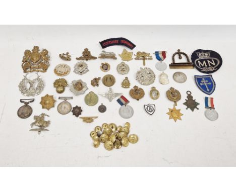 Collection of military gilt buttons, badges&nbsp;and a helmet plate&nbsp;and other items including a George V long service an