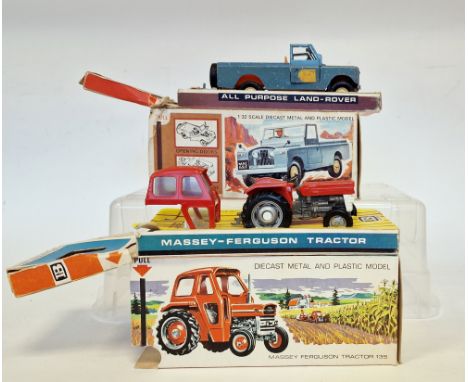 Two boxed Britains farming diecast models to include 135 Massey Ferguson tractor and 9676 Land Rover (2)