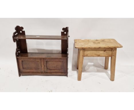 Small oak wall-hanging shelf with small cupboard and an antique pine rectangular stool (2)   