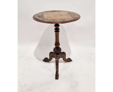 Victorian mahogany chess table&nbsp;of circular form, with inlaid chessboard to top, amongst scrolling motifs, raised on trip