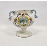 Italian maiolica armorial two-handled footed vase-shaped albarello, probably 17th century, with blue
