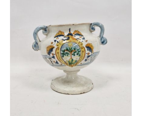 Italian maiolica armorial two-handled footed vase-shaped albarello, probably 17th century, with blue scroll handles, titled f