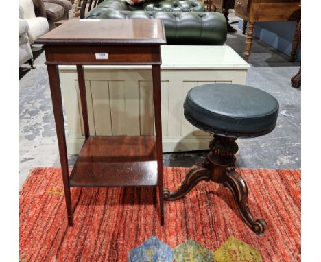 Oak piano stool&nbsp;of circular form with leatherette upholstered seat, raised on tripod legs, each of cabriole form, 48cm h