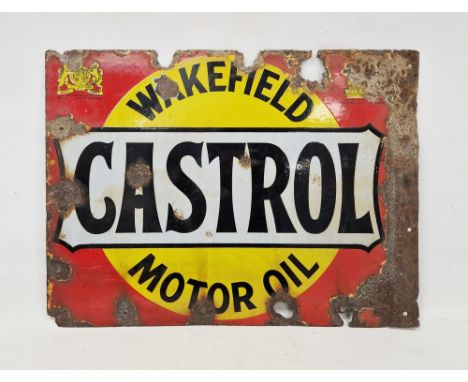 Vintage Wakefield Castrol Motor Oil double-sided enamelled advertising sign, of rectangular form, marked with the Royal Arms,