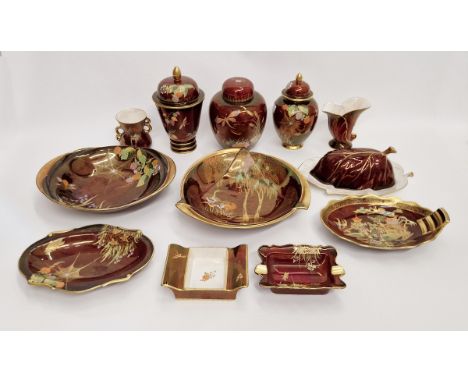 Quantity of Carlton Ware Rouge Royale items, to include a ginger jar and cover decorated with dragonflies, a dish with 'New M