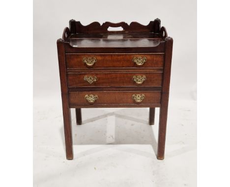 Georgian oak tray-top commode with three-quarter galleried top, converted with three long shallow drawers, each with brass ha