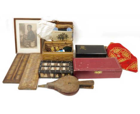 Assorted collectables&nbsp;including a pair of late 19th century wood and leather bellows, a red leather jewellery box, a sma