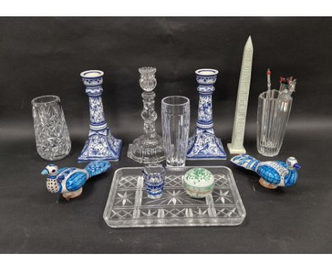 Assorted glassware, pottery and porcelain, comprising: a pair of Portuguese pottery blue and white candlesticks painted with 