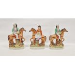 Three 19th century Staffordshire pottery equestrian figures including figure of a woman holding a