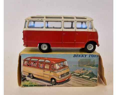 French Dinky Toys 541 Mercedes-Benz Autocar (small bus), red lower body, white upper, grey interior, concave hubs, in origina