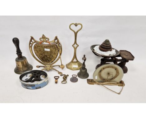 Assorted collectables including a set of Edwardian brass-mounted postal scales, an early 20th century brass school bell, an A