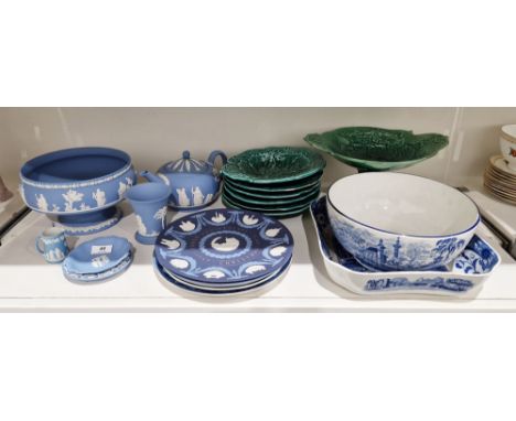 Collection of Wedgwood blue Jasperware, 1900 and later, impressed marks, comprising a miniature jug, a footed bowl, 20 cm dia